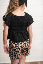 Load image into Gallery viewer, Girls Black Shirred Top & Leopard Print Bow Spring Short Set
