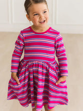 Load image into Gallery viewer, Girls Very Berry & Periwinkle Blue Stripe Knit Long Sleeve Twirl Dress