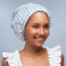 Load image into Gallery viewer, Satin Lined Flexi Shower Cap - Gingham Blue