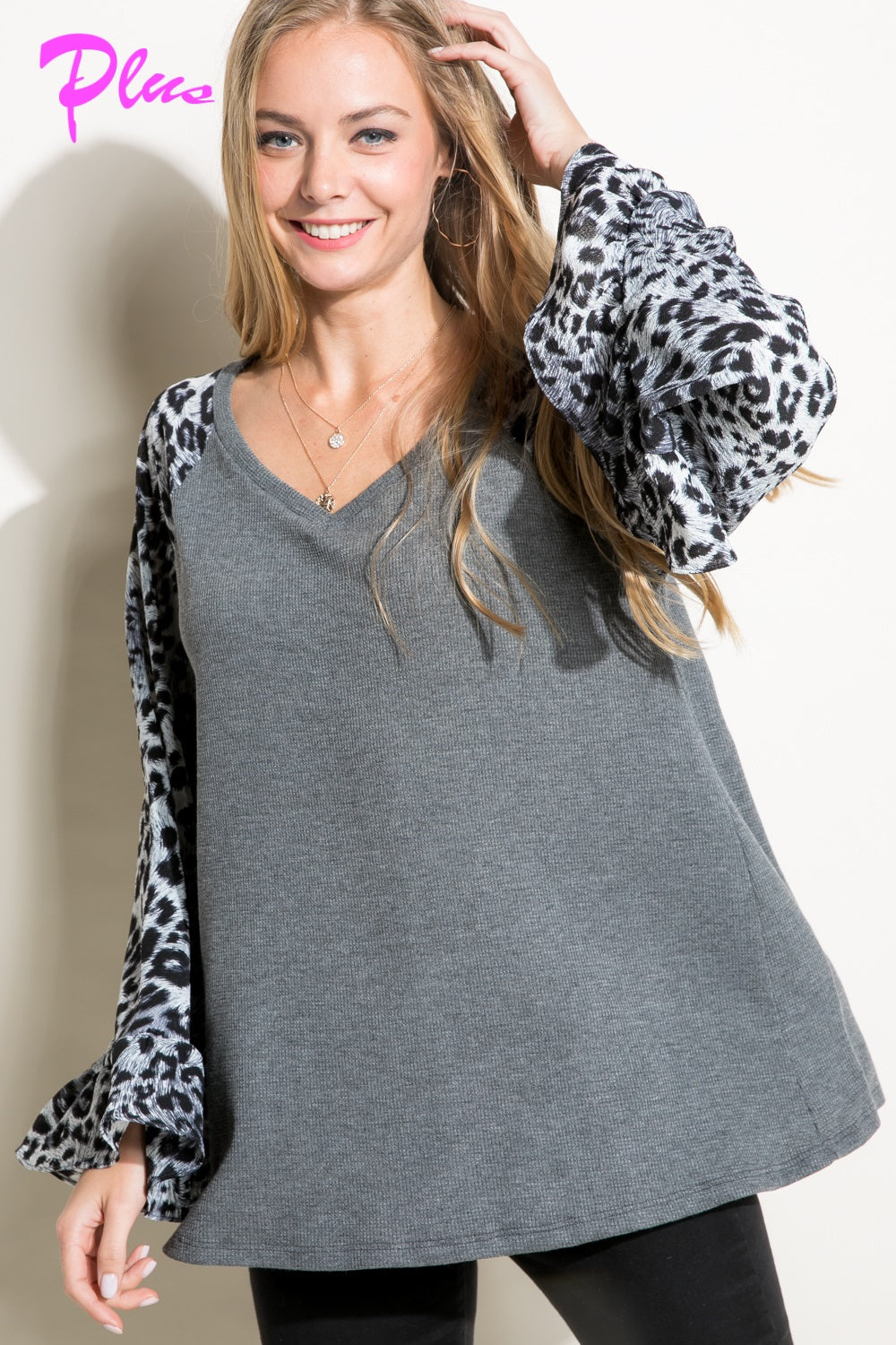 Solid Cheetah Mixed Blouse Top