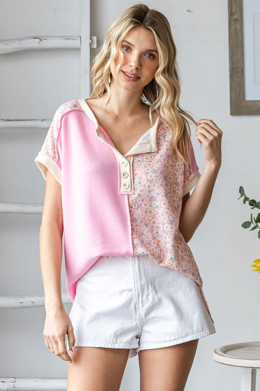 Floral Color Block Button Front Top