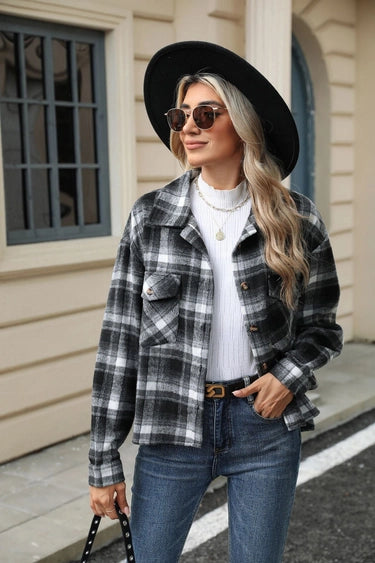 Black Long Sleeve Loose Pocket Plaid Wool Jacket