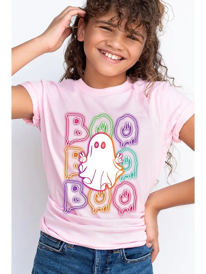 Pink Boo Neon Halloween Ghost Kids Graphic T-Shirt