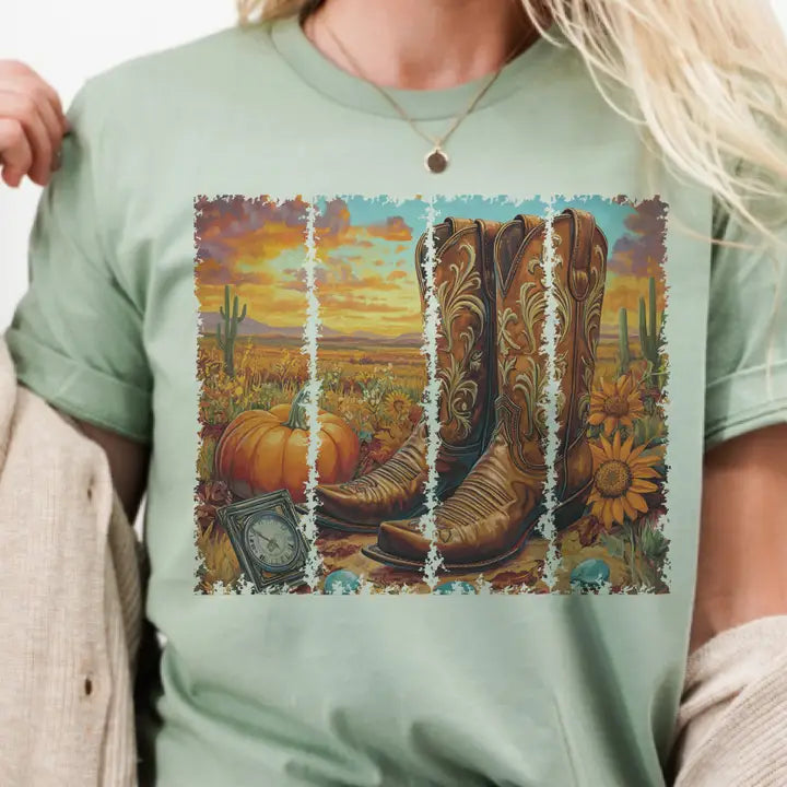 Sage Fall Cowboy Boots and Pumpkins Graphic Tee