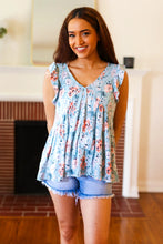 Load image into Gallery viewer, Teal Floral Ruffle Tank

