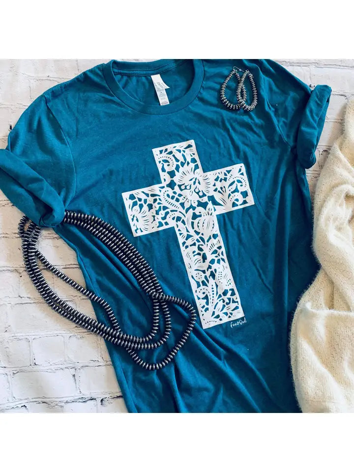 Lace Cross Teal Bella Faith Graphic Tee