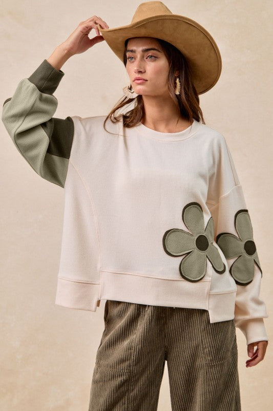 Ivory And Olive Flower Patchwork Top