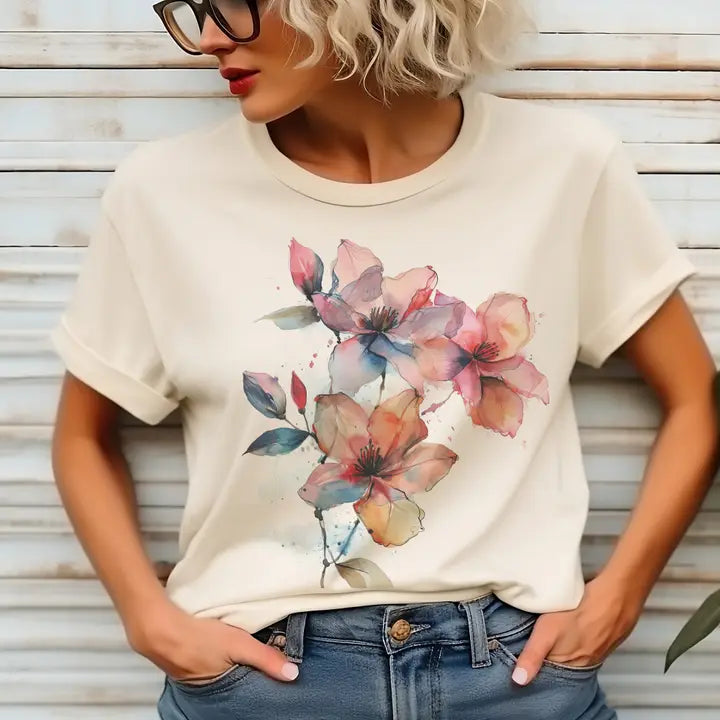 Cream Spring Floral Watercolor Graphic Tee