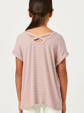 Load image into Gallery viewer, Girls Mauve Ribbed Stripe Cross Back Knit Tee
