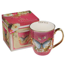 Load image into Gallery viewer, Mug Pink/White Butterfly Be Still Ps. 46:10
