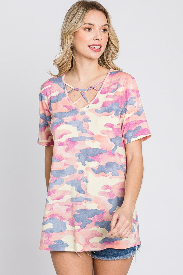 Criss-Cross V-Neck Camo Top