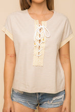 Load image into Gallery viewer, Taupe &amp; Mustard Lace Up Striped Knit Top
