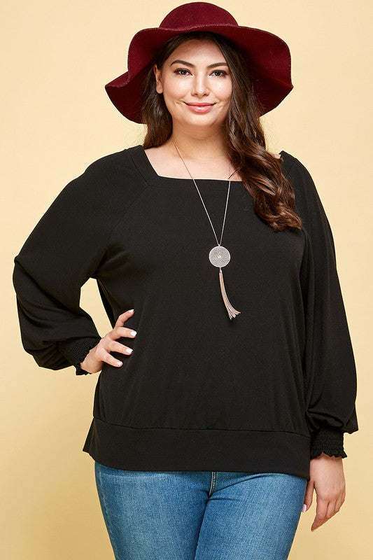 Plus Black Square Neck Long Sleeve Top