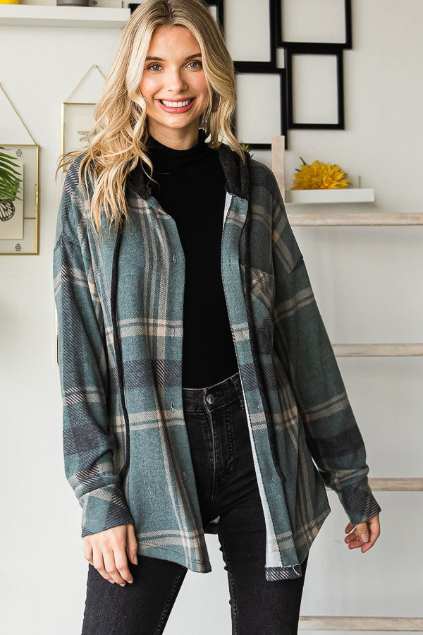 Jade/Black Plaid Button Down Hooded Shacket