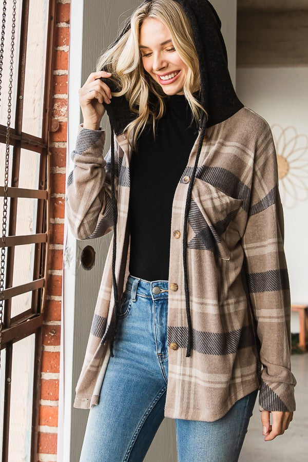 Mocha/Black Plaid Button Down Hooded Shacket
