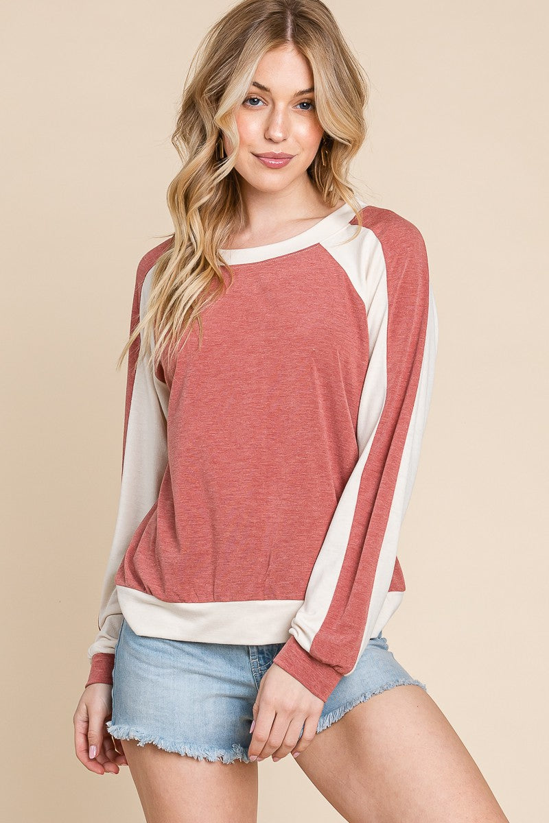 Plus Size Contrast Solid Long Sleeve Top