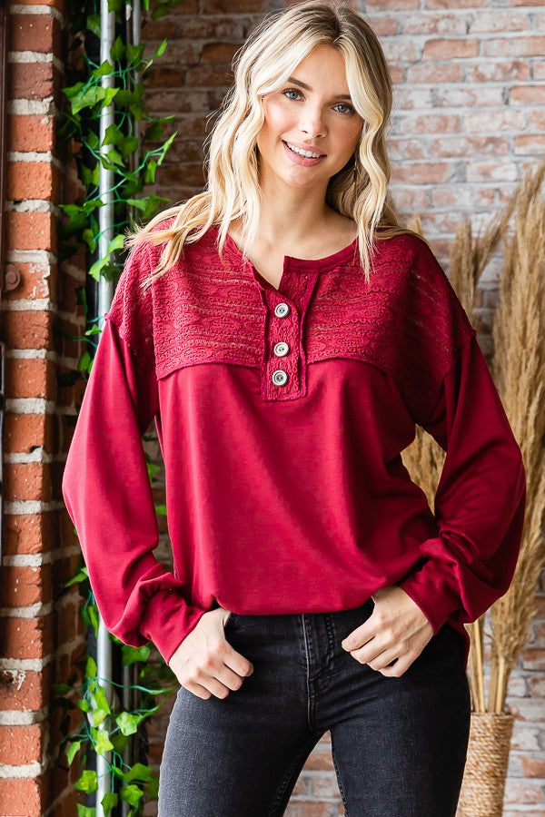 Solid Button Lace Contrast Top
