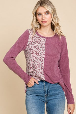 Plus Animal Print And Burgundy Contrast Top