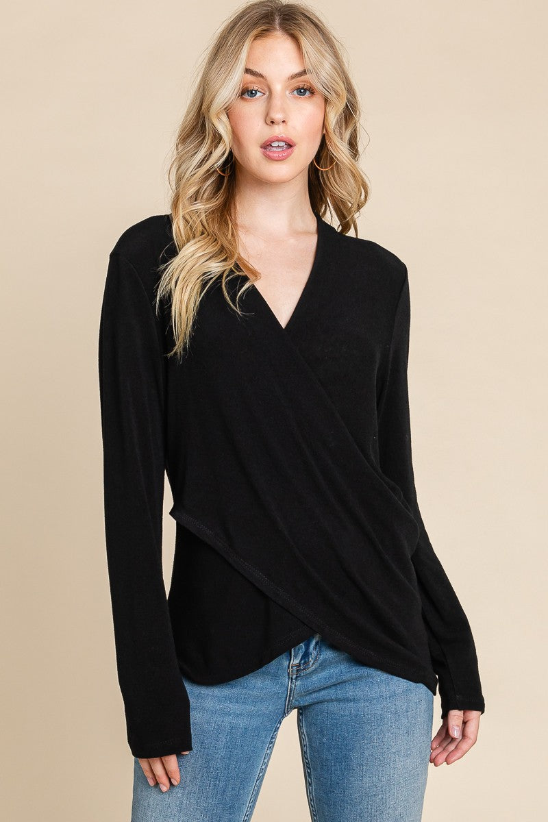 Plus Size Solid Wrap V-Neck Casual Top