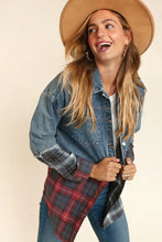 Load image into Gallery viewer, Plus Size Red Denim Plaid Snap Button Jacket with Pockets
