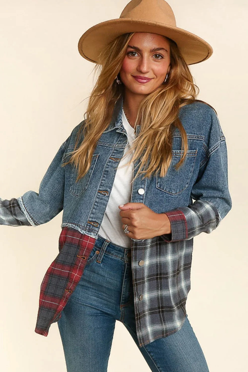 Plus Size Red Denim Plaid Snap Button Jacket with Pockets