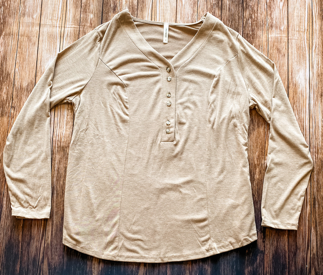 Plus Camel Button Up Long Sleeve Top
