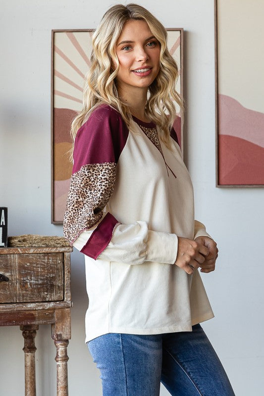 Animal Print Contrast Raglan Long Sleeve Top