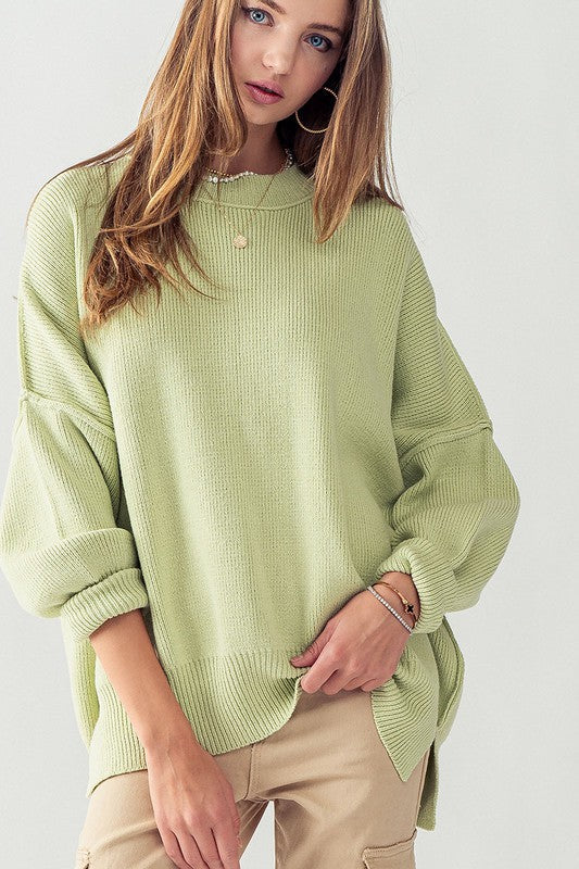 Oversized Side Slit Cozy Sweater - PISTACHIO