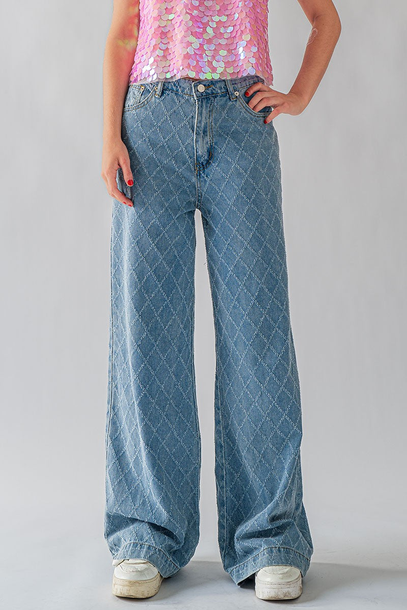 High Waist Diamond Pattern Denim Jeans