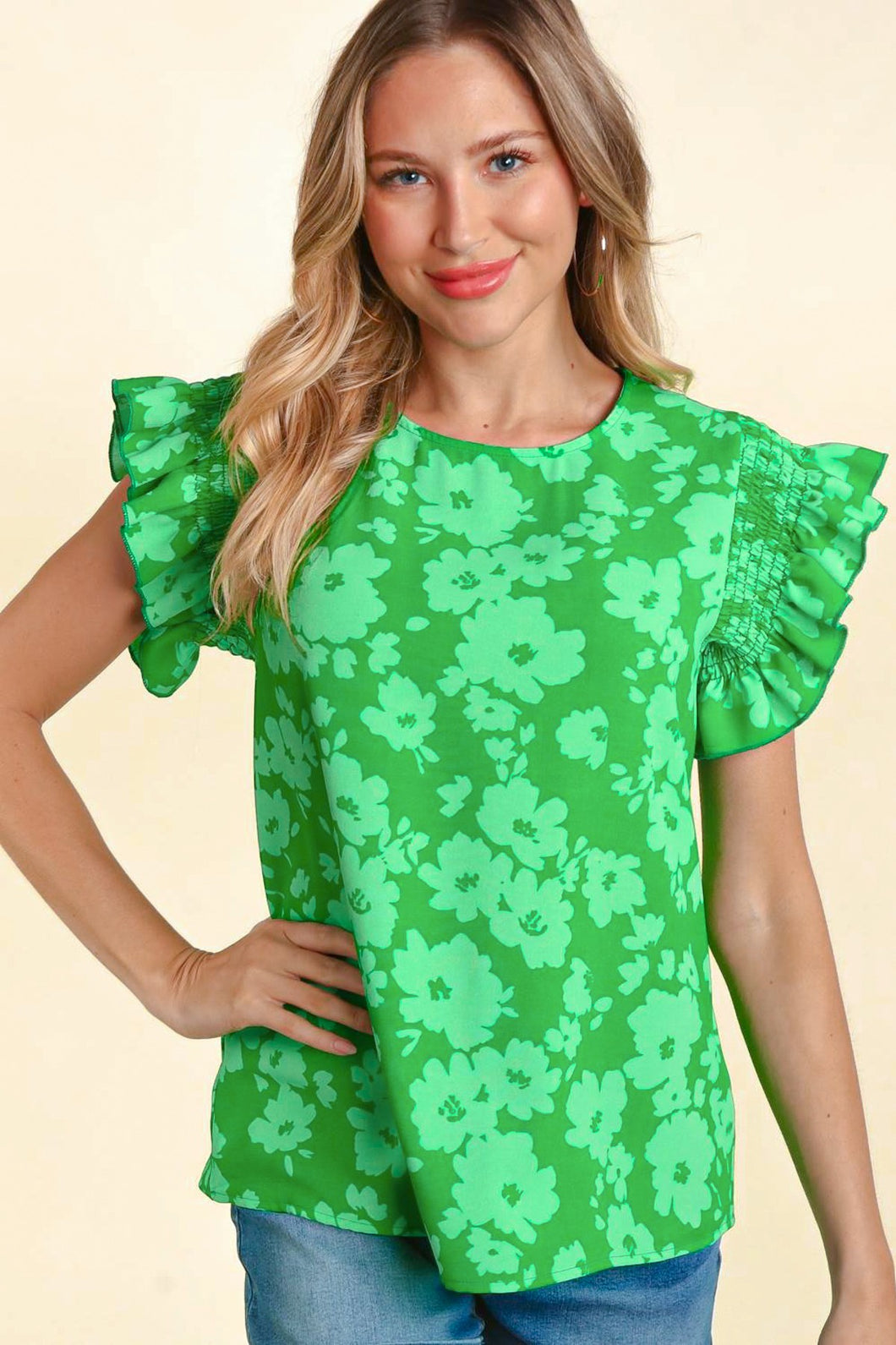 Kelly Green Floral Ruffle Frill Short Sleeve Top