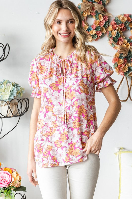 Plus Floral Tie-up Mock Neck Top