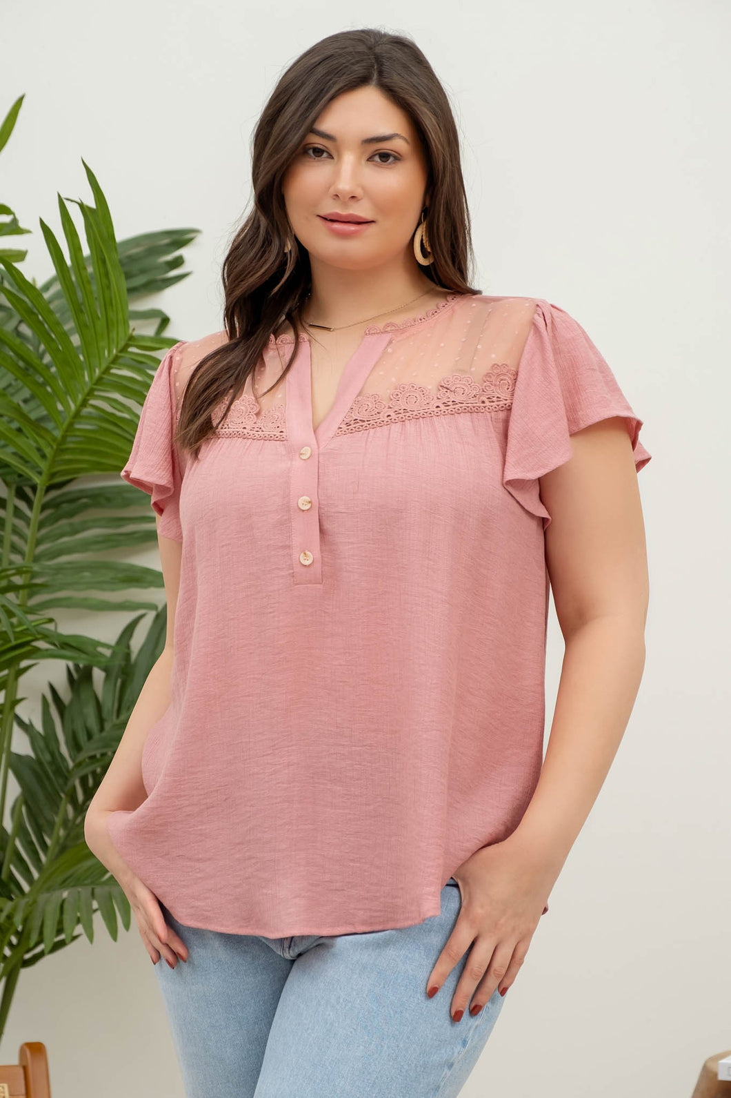 Plus Size Split Neck Button Down Sheer Lace Yoke Blouse