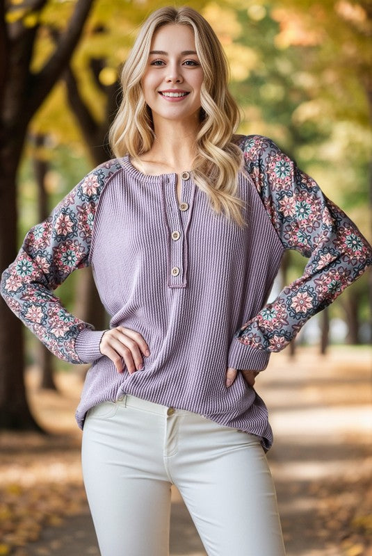 Puffed Sleeve Ribbed And Floral Top