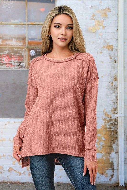 Textured Hi Low Long Sleeve Top