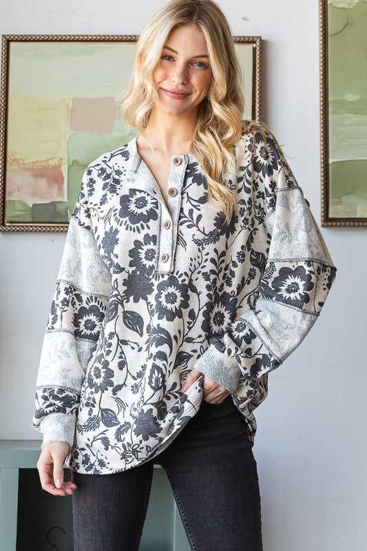 Long Sleeve Print Reverse Contrast Top