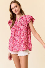 Load image into Gallery viewer, Fuchsia Floral Print Split V-neck Ruffled Sleeve Top
