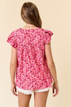 Load image into Gallery viewer, Fuchsia Floral Print Split V-neck Ruffled Sleeve Top
