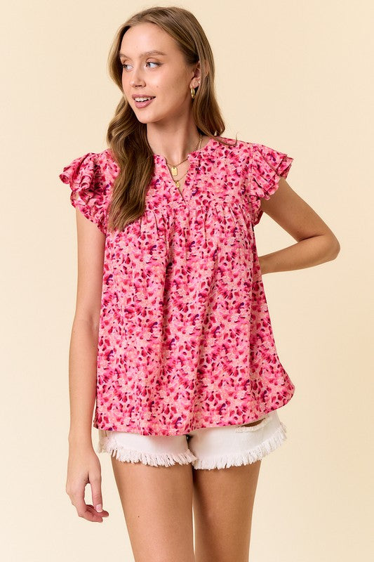 Fuchsia Floral Print Split V-neck Ruffled Sleeve Top