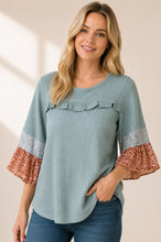 Load image into Gallery viewer, Sage Knit Mixed Three-quarter Sleeve Top
