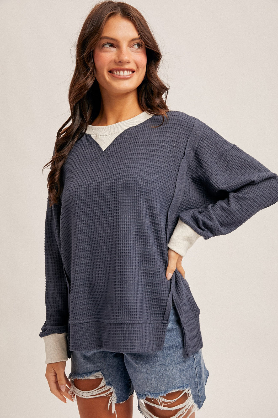Brush Thermal Crew Neck Oversized Pullover - NAVY