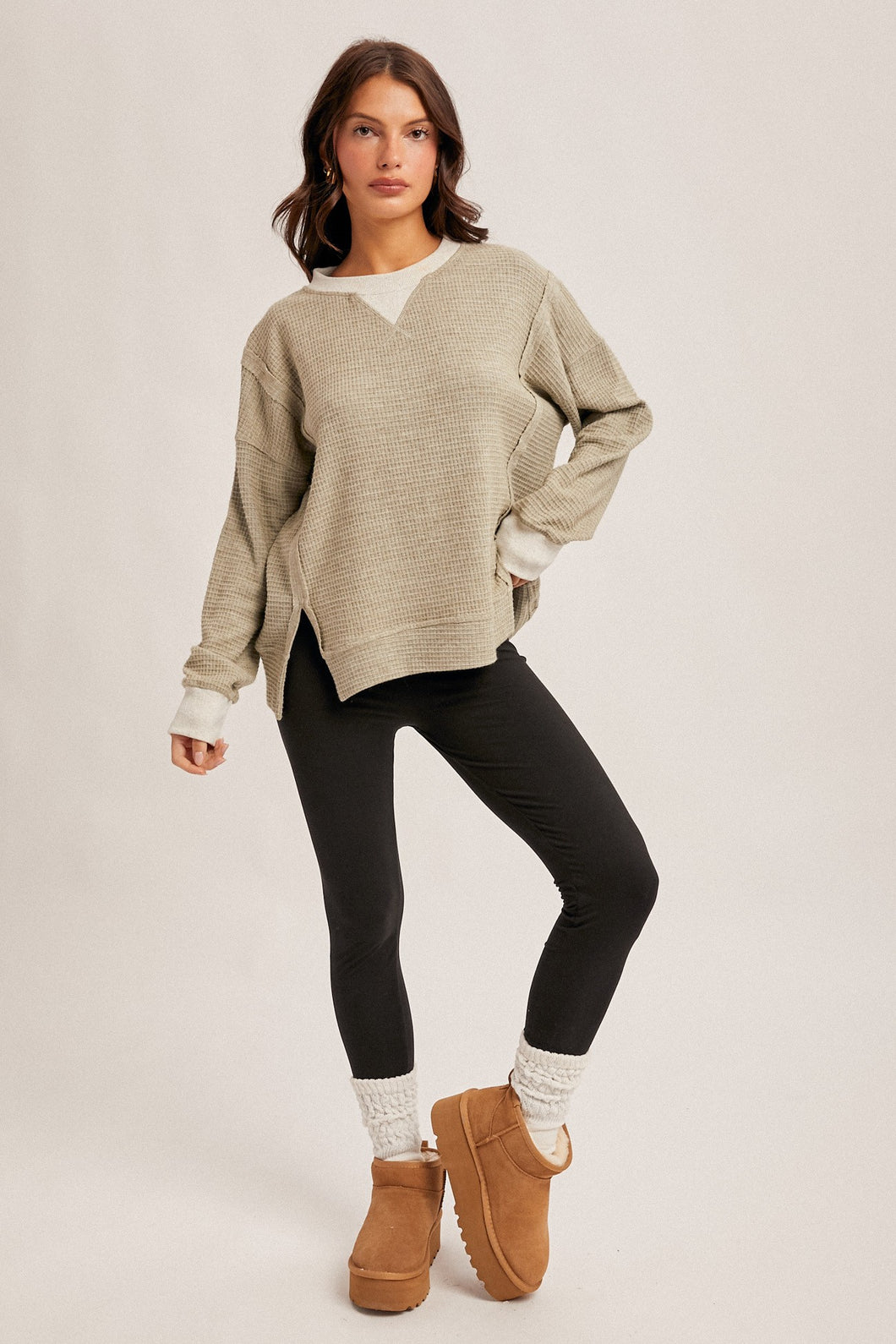 Brush Thermal Crew Neck Oversized Pullover - OLIVE