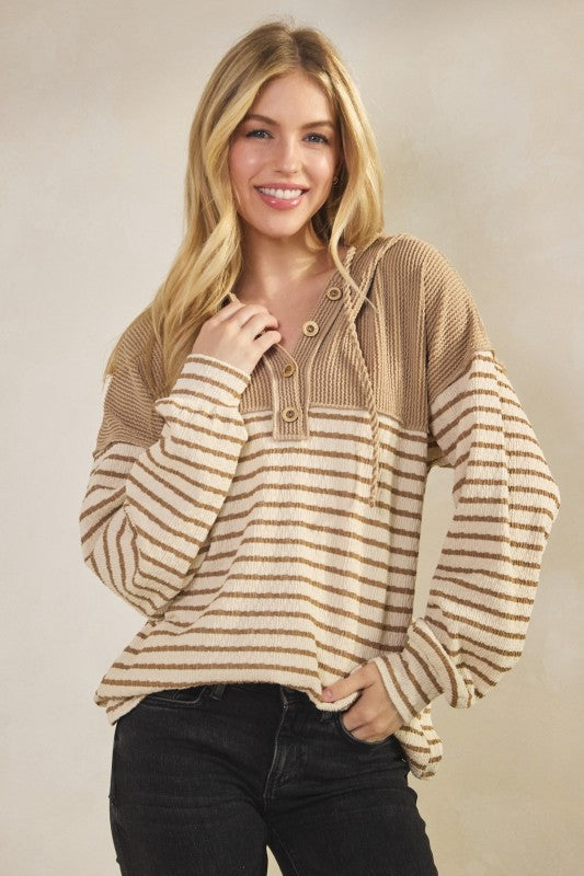 Jacquard Stripe Hooded Top With Buttons