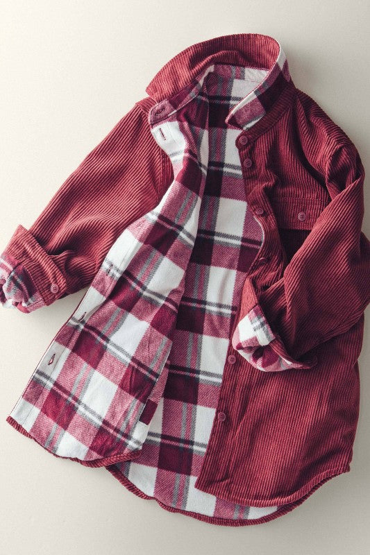 Burgundy Corduroy And Plaid Flannel Shacket