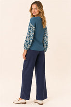 Load image into Gallery viewer, Teal Keyhole Top With Floral Print Bubble Sleeves
