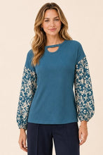 Load image into Gallery viewer, Teal Keyhole Top With Floral Print Bubble Sleeves
