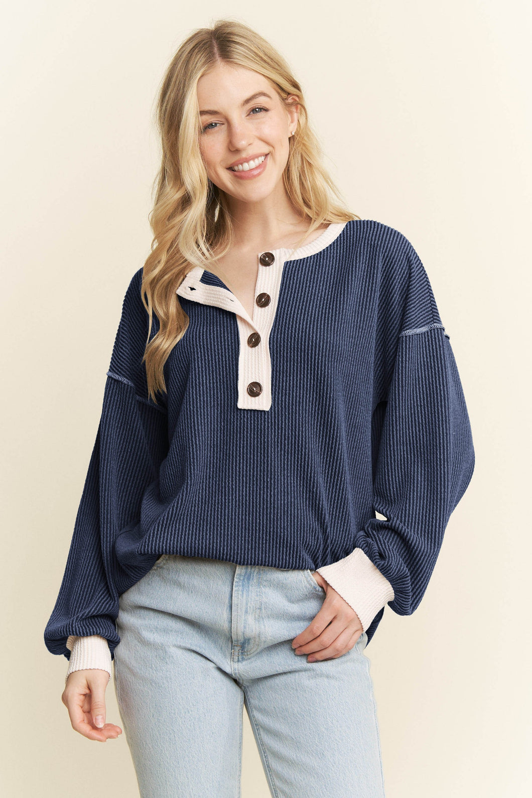 Long Sleeve Contrast Ribbed Top - Navy