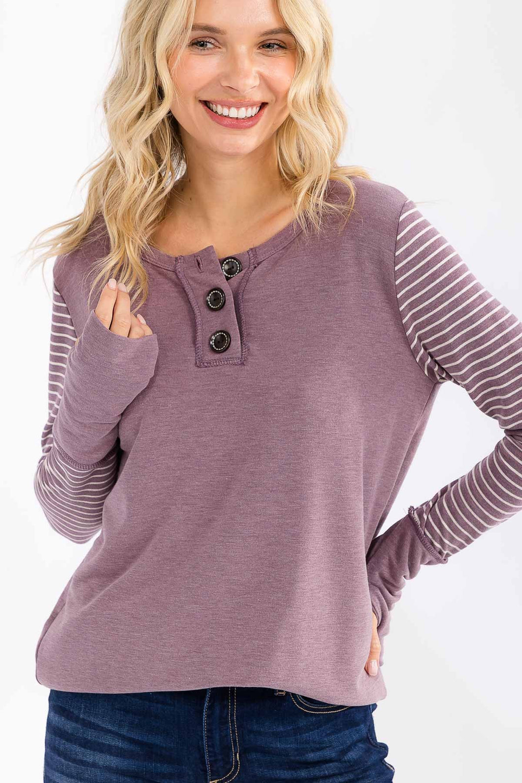 Mulberry Striped Sleeve Button Front Top