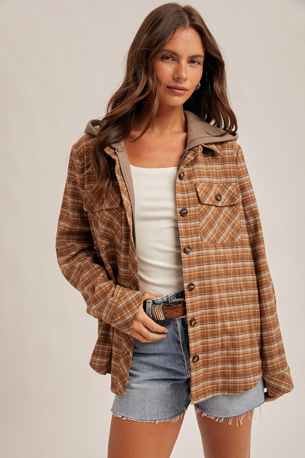 Button Down Plaid Fleece Lined Jacket - CARAMEL