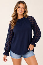 Load image into Gallery viewer, Plus Navy Dot Sleeve With Ruffled Neck Top
