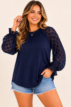 Load image into Gallery viewer, Plus Navy Dot Sleeve With Ruffled Neck Top
